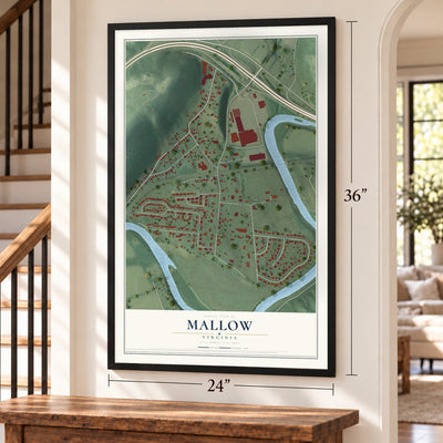 Mallow, Virginia map, 24 x 36 inch print in a black frame by a staircase