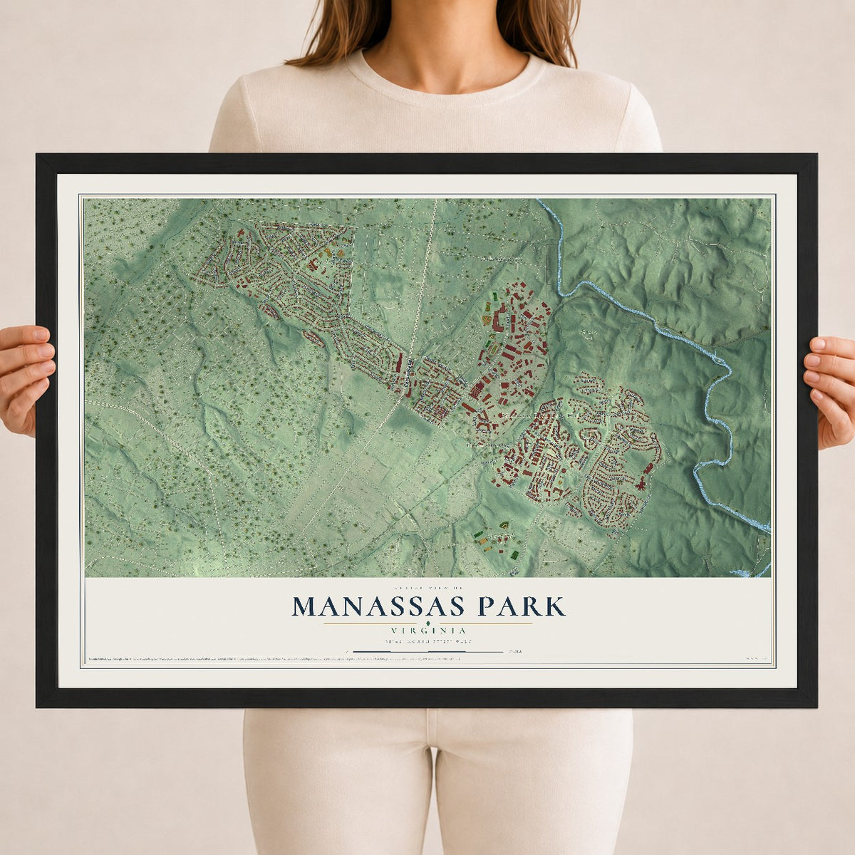 Map of Manassas Park, Virginia, 18 x 24 inch print in a black wood frame