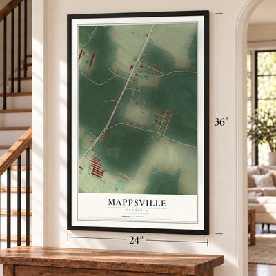 Mappsville, Virginia map, 24 x 36 inch print in a black frame by a staircase