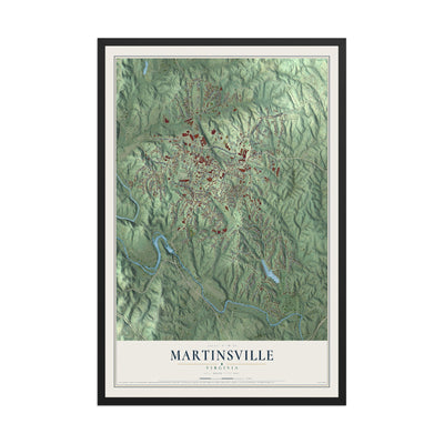 Map of Martinsville, Virginia, 12 x 18 inch print in a black wood frame
