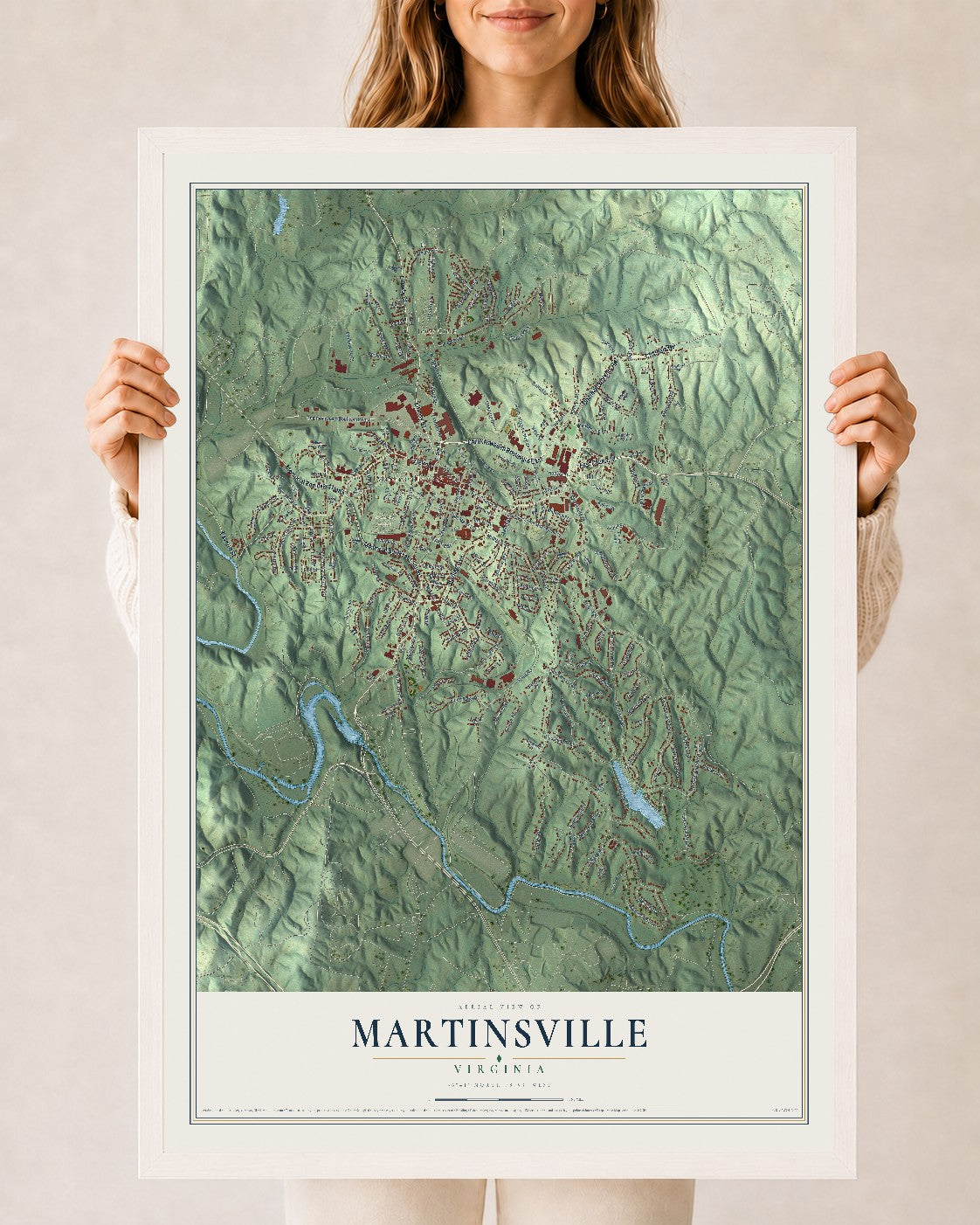 Map of Martinsville, Virginia, 24 x 36 inch print in a white wood frame
