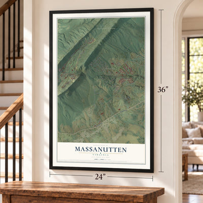 Massanutten, Virginia map, 24 x 36 inch print in a black frame by a staircase