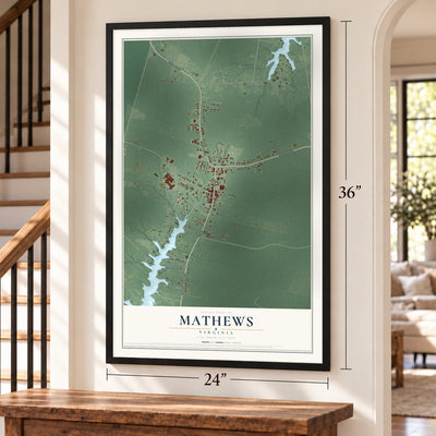 Mathews, Virginia map, 24 x 36 inch print in a black frame by a staircase