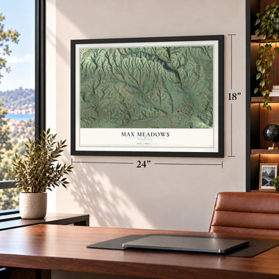 Max Meadows, Virginia map, 18 x 24 inch print in a black frame in a home office