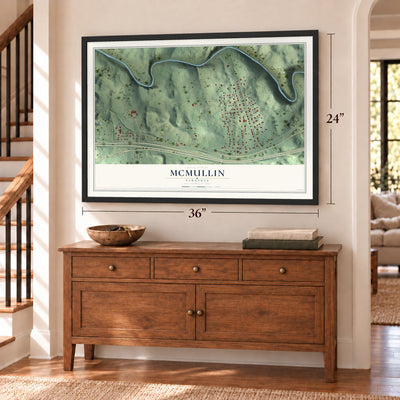 McMullin, Virginia map, 24 x 36 inch print in a black frame above a dresser by a staircase