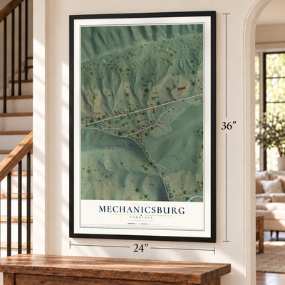 Mechanicsburg, Virginia map, 24 x 36 inch print in a black frame by a staircase