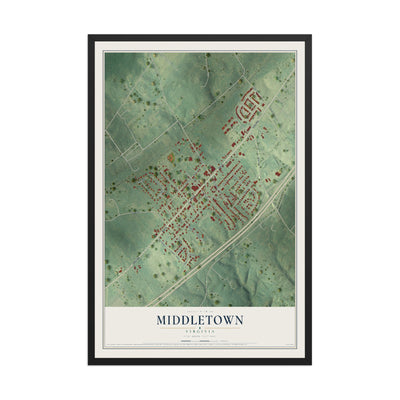 Map of Middletown, Virginia, 12 x 18 inch print in a black wood frame