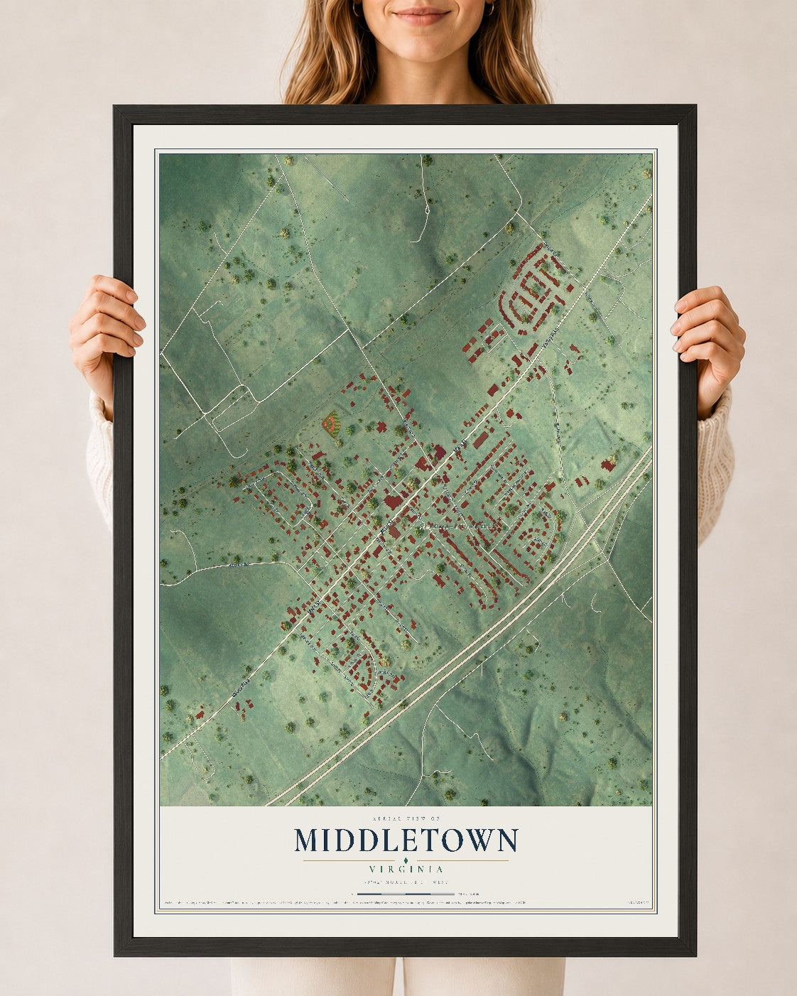 Map of Middletown, Virginia, 24 x 36 inch print in a black wood frame