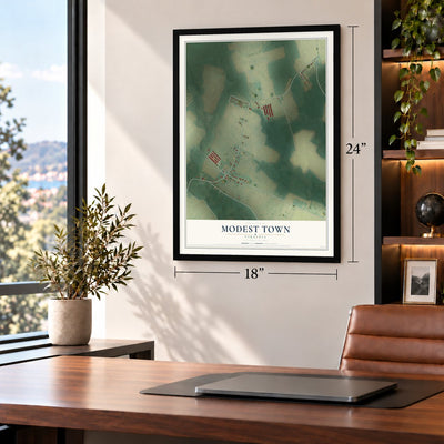 Modest Town, Virginia map, 18 x 24 inch print in a black frame in a home office