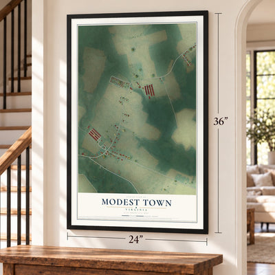 Modest Town, Virginia map, 24 x 36 inch print in a black frame by a staircase