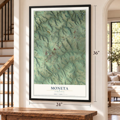 Moneta, Virginia map, 24 x 36 inch print in a black frame by a staircase
