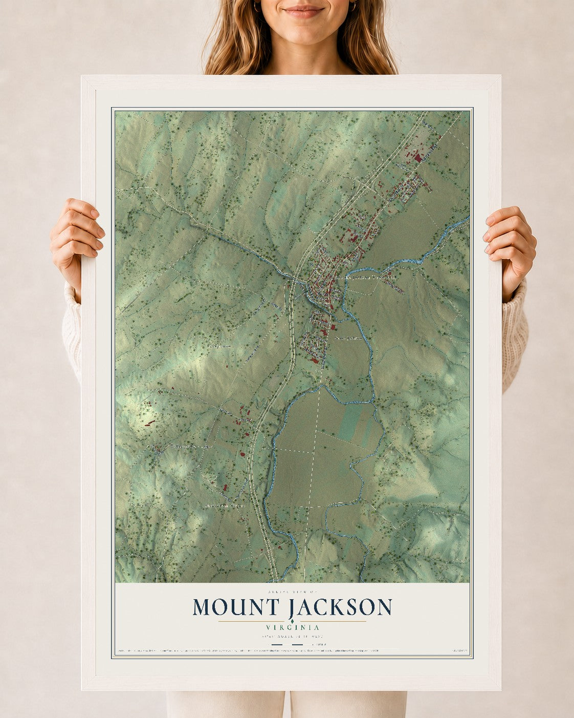 Map of Mount Jackson, Virginia, 24 x 36 inch print in a white wood frame