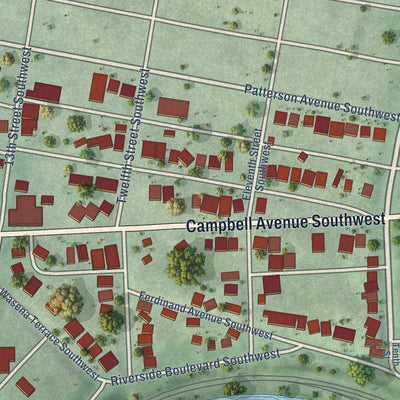 Close-up of the map of Mountain View, Roanoke, Virginia print showing street and building detail