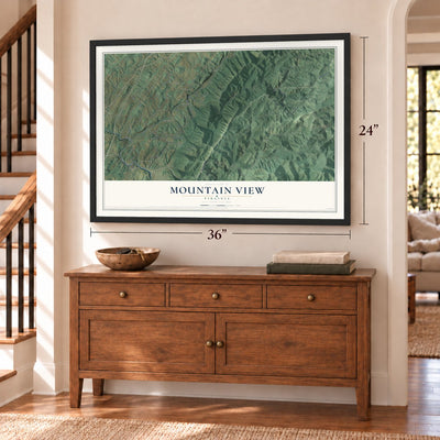 Mountain View, Rockbridge County, Virginia map, 24 x 36 inch print in a black frame above a dresser by a staircase