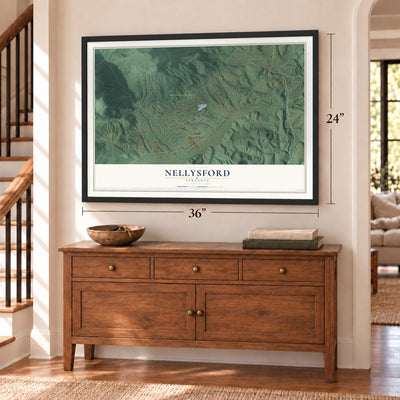 Nellysford, Virginia map, 24 x 36 inch print in a black frame above a dresser by a staircase