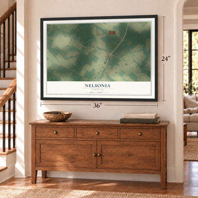 Nelsonia, Virginia map, 24 x 36 inch print in a black frame above a dresser by a staircase
