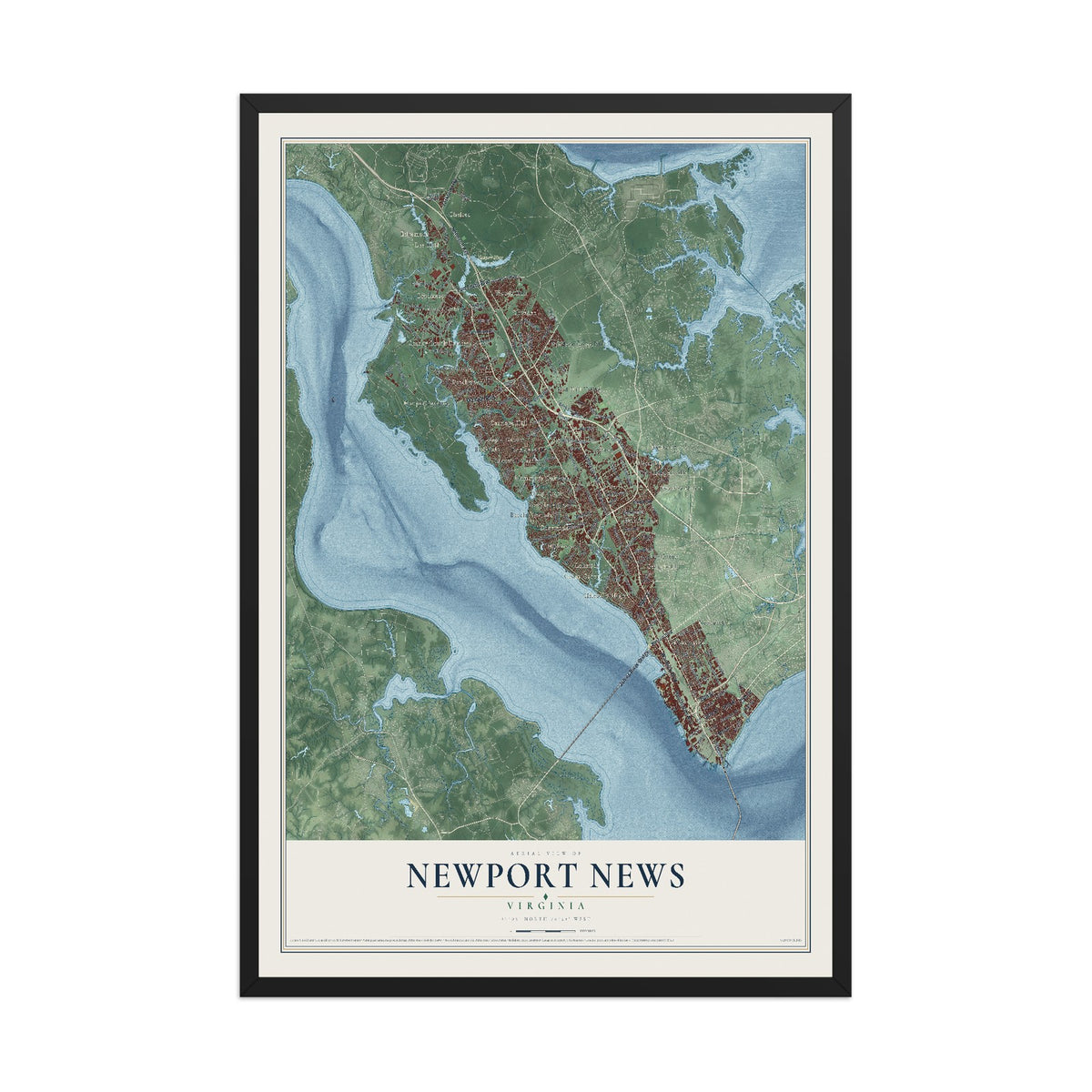 Map of Newport News, Virginia, 12 x 18 inch print in a black wood frame