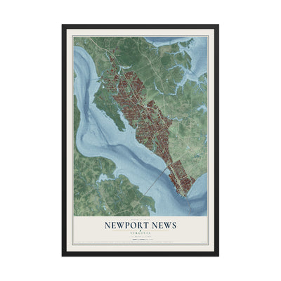 Map of Newport News, Virginia, 12 x 18 inch print in a black wood frame