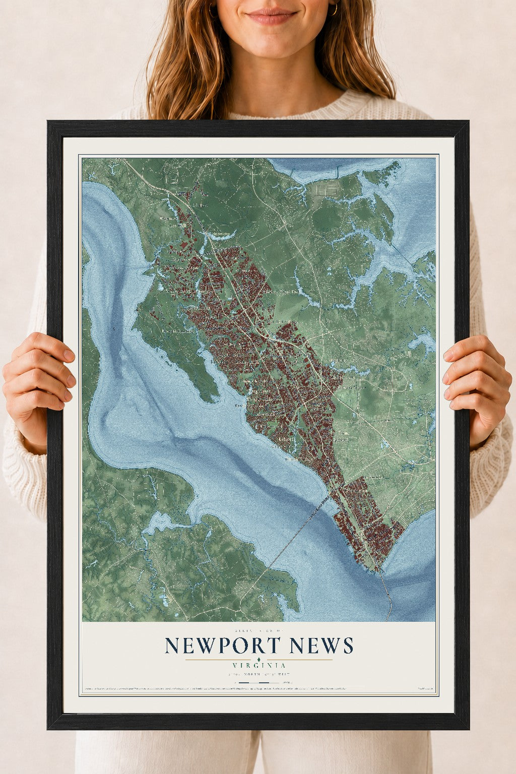 Map of Newport News, Virginia, 18 x 24 inch print in a black wood frame