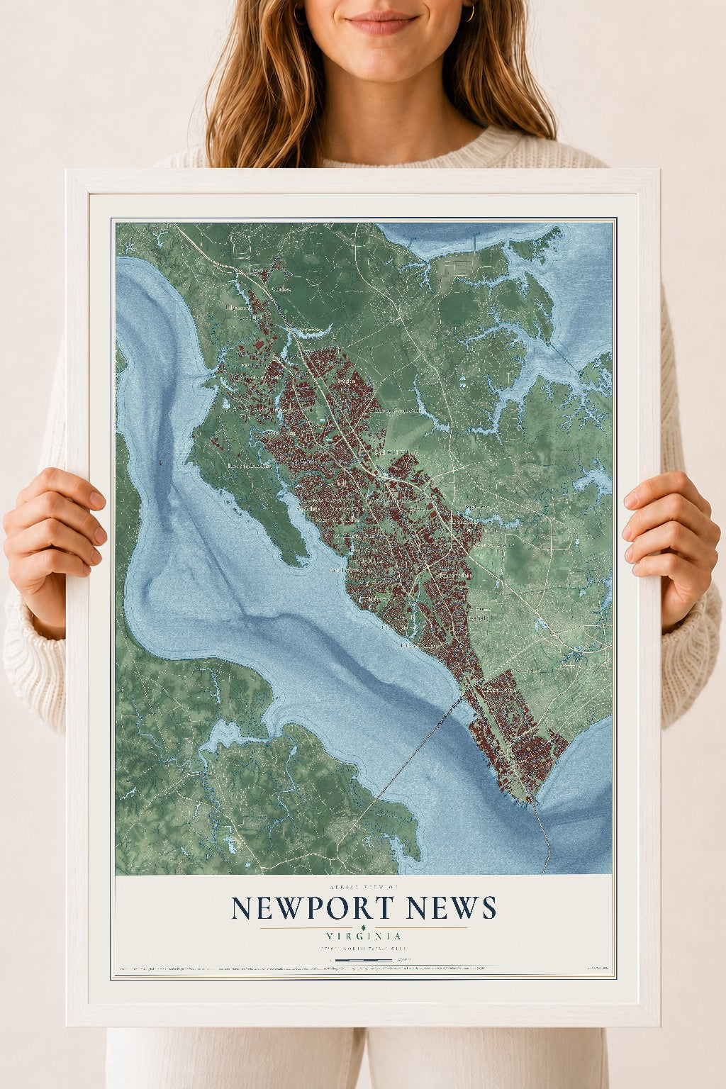 Map of Newport News, Virginia, 18 x 24 inch print in a white wood frame