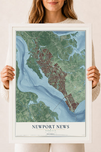 Map of Newport News, Virginia, 18 x 24 inch print in a white wood frame