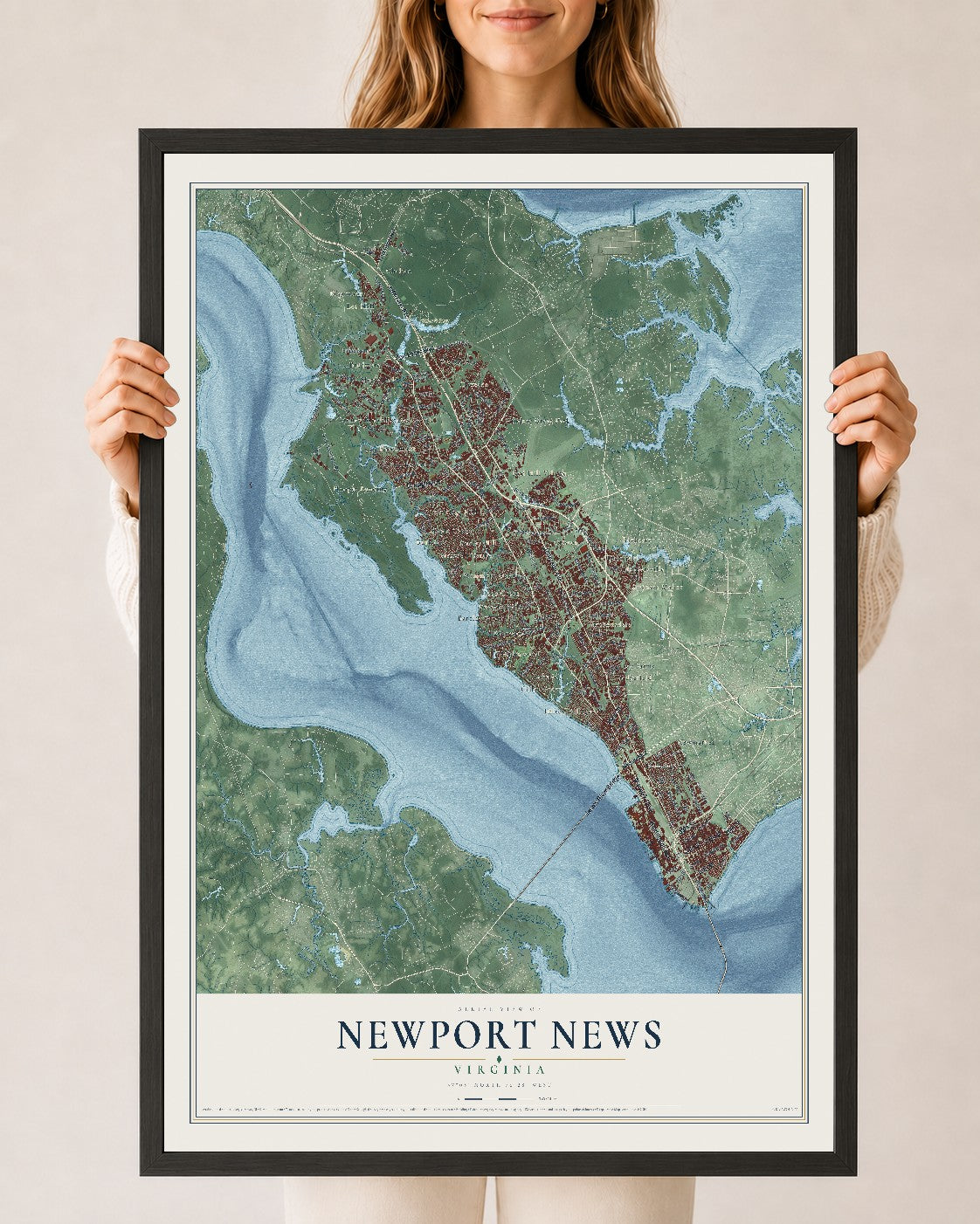 Map of Newport News, Virginia, 24 x 36 inch print in a black wood frame