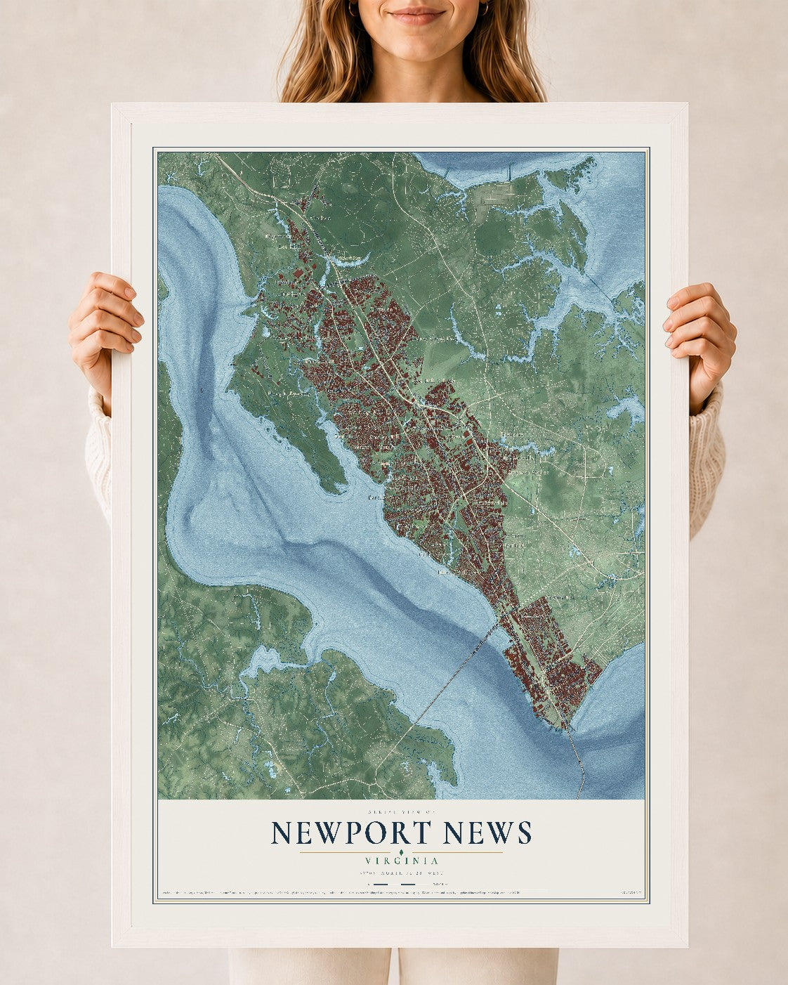 Map of Newport News, Virginia, 24 x 36 inch print in a white wood frame