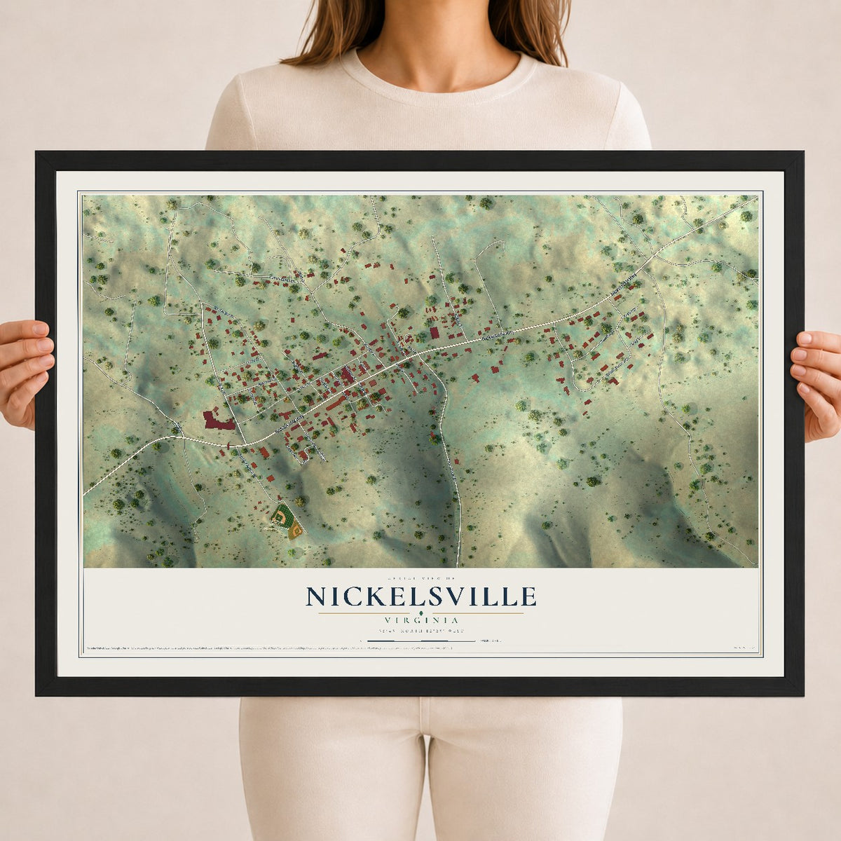 Map of Nickelsville, Virginia, 18 x 24 inch print in a black wood frame