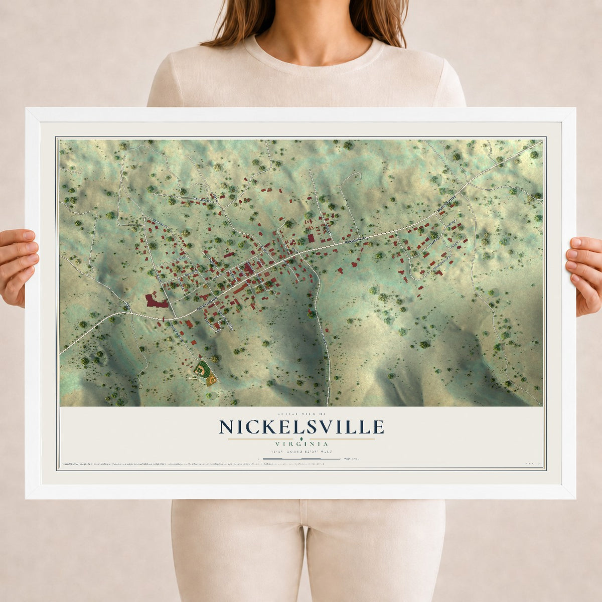 Map of Nickelsville, Virginia, 18 x 24 inch print in a white wood frame