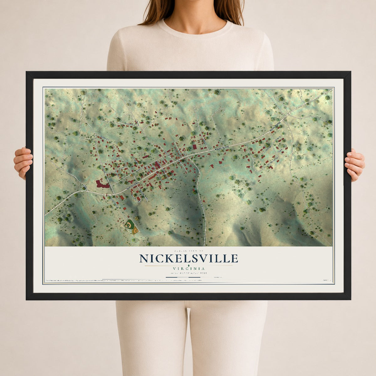 Map of Nickelsville, Virginia, 24 x 36 inch print in a black wood frame