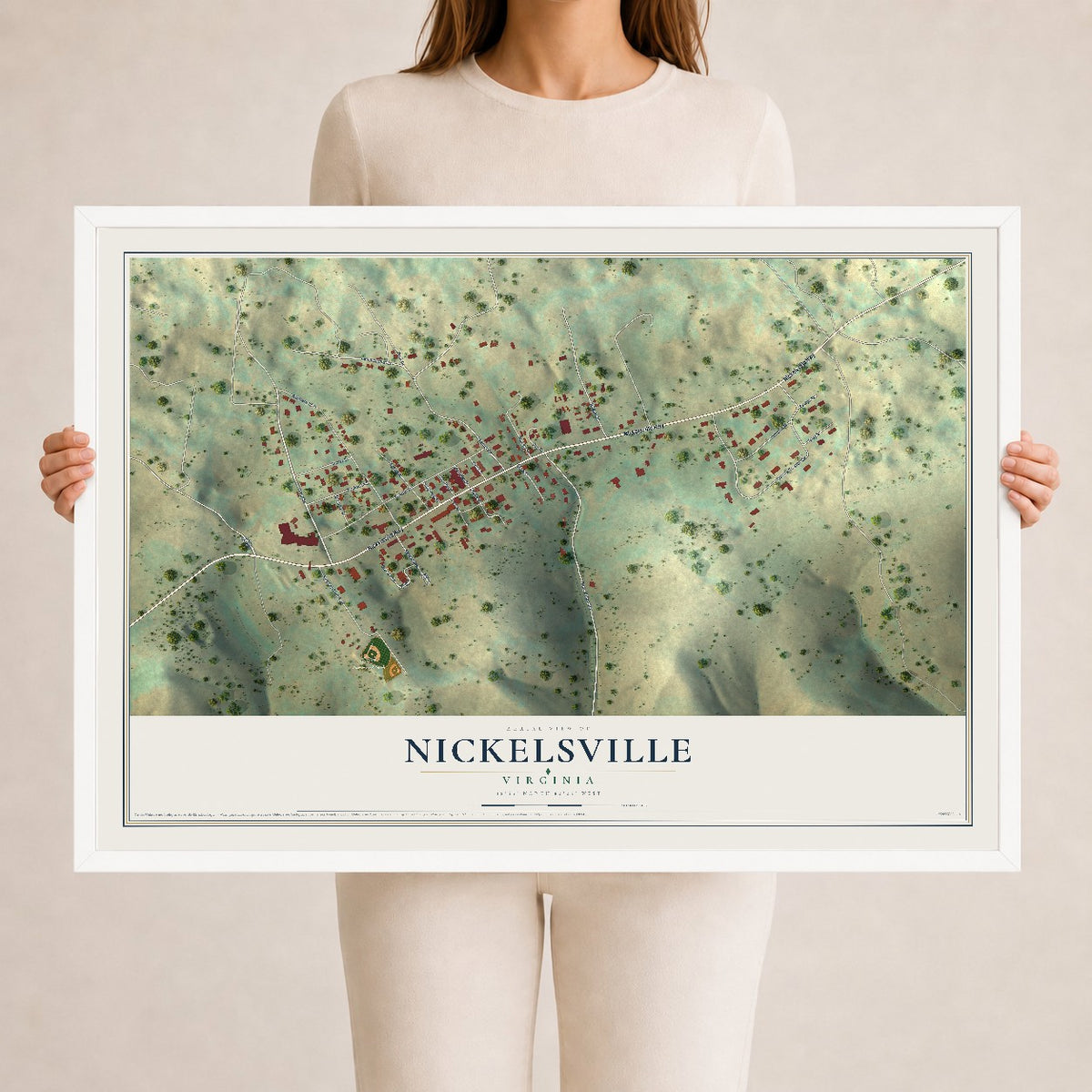 Map of Nickelsville, Virginia, 24 x 36 inch print in a white wood frame