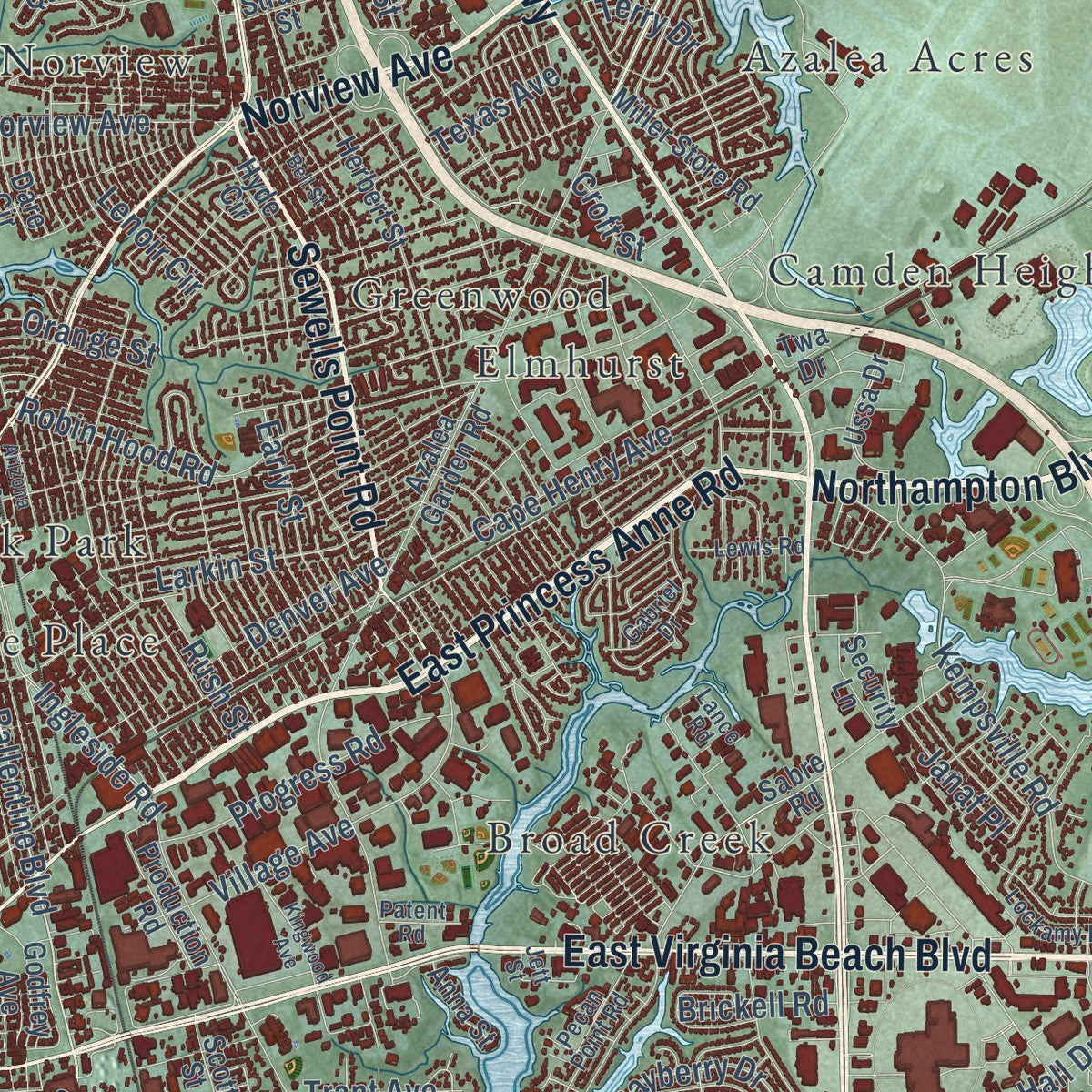 Close-up of the map of Norfolk, Virginia print showing street and building detail