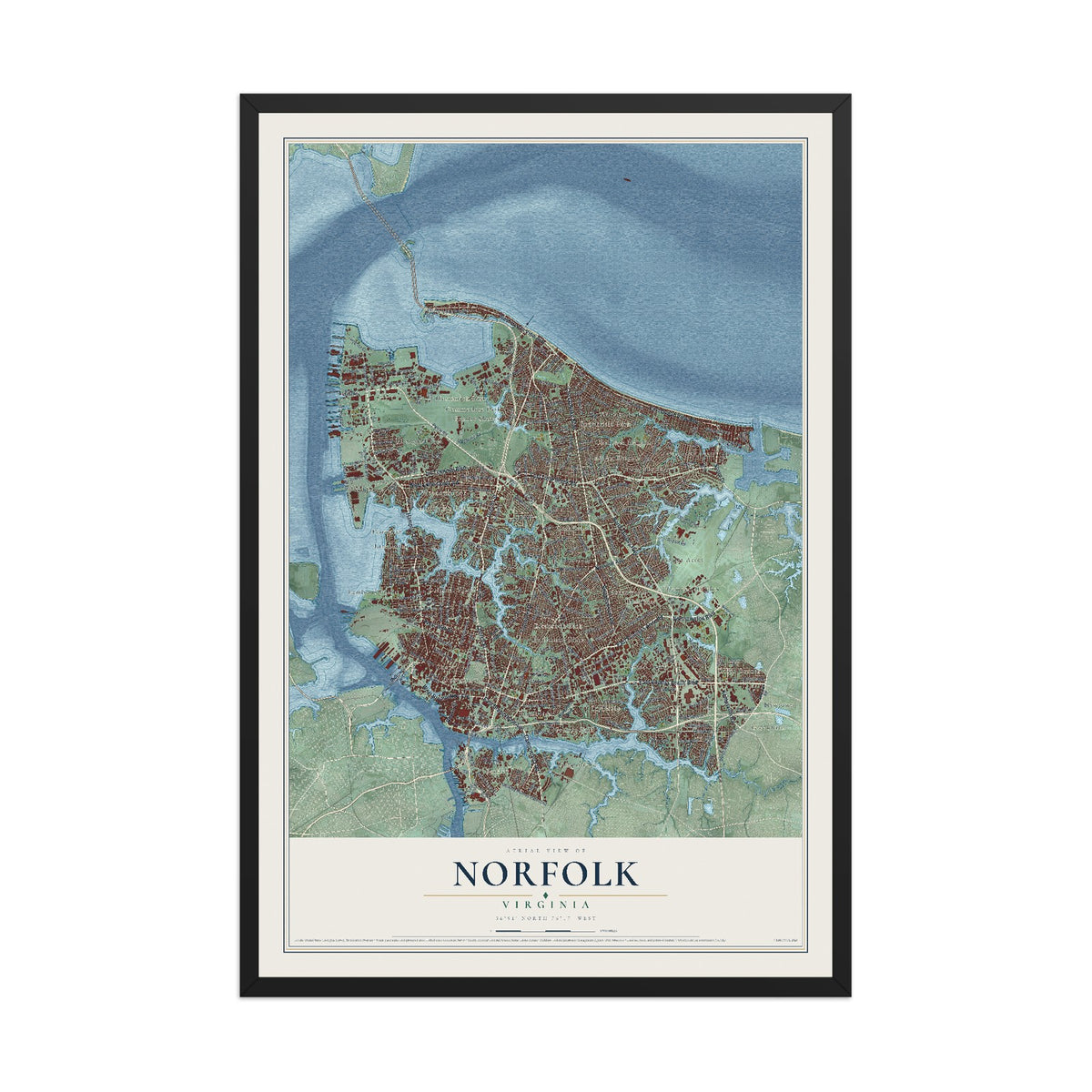 Map of Norfolk, Virginia, 12 x 18 inch print in a black wood frame