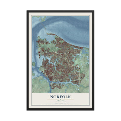 Map of Norfolk, Virginia, 12 x 18 inch print in a black wood frame