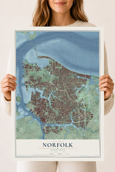 Map of Norfolk, Virginia, 18 x 24 inch unframed archival matte print