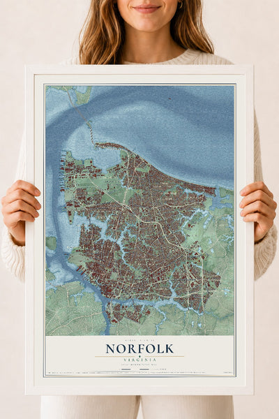 Map of Norfolk, Virginia, 18 x 24 inch print in a white wood frame