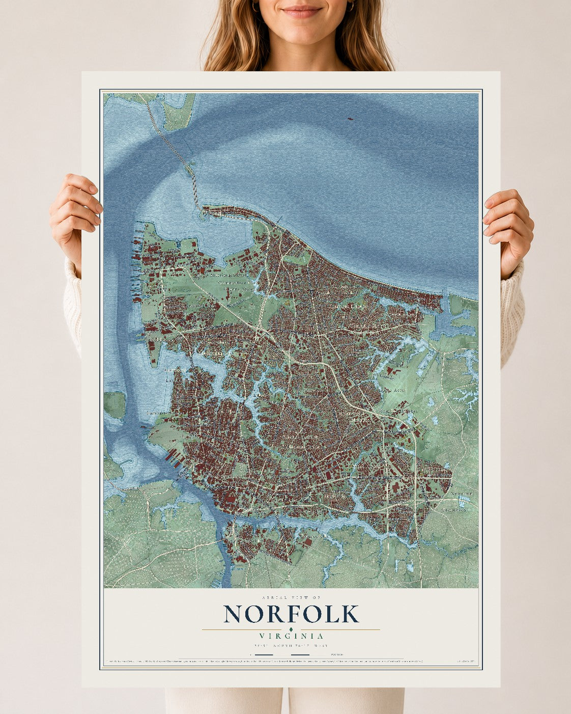 Map of Norfolk, Virginia, 24 x 36 inch unframed archival matte print