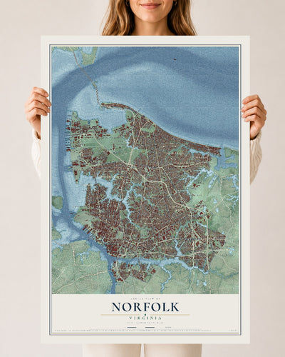 Map of Norfolk, Virginia, 24 x 36 inch unframed archival matte print