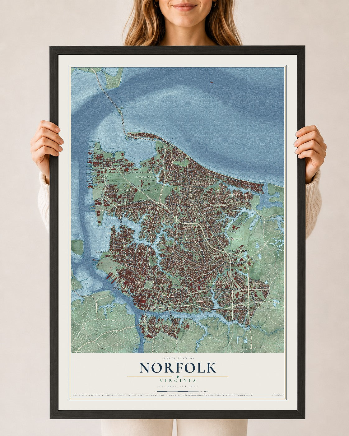 Map of Norfolk, Virginia, 24 x 36 inch print in a black wood frame