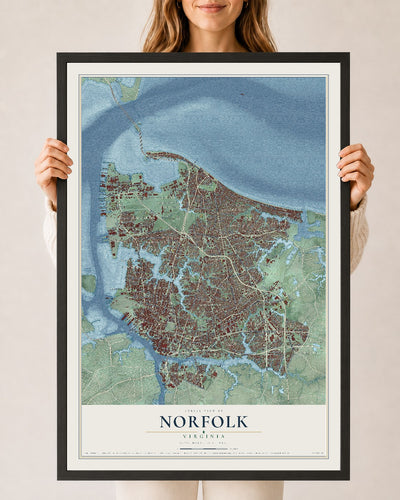 Map of Norfolk, Virginia, 24 x 36 inch print in a black wood frame
