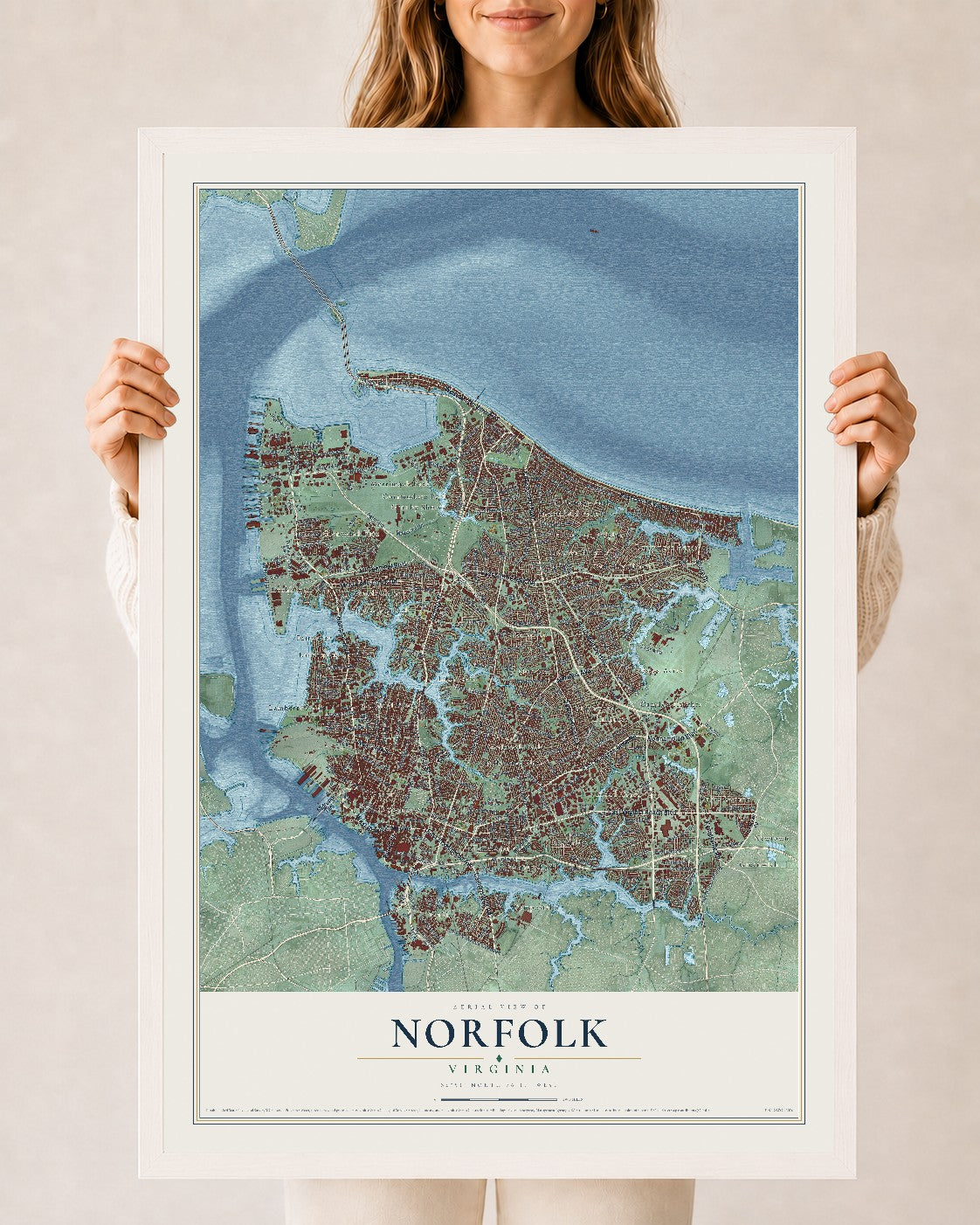 Map of Norfolk, Virginia, 24 x 36 inch print in a white wood frame