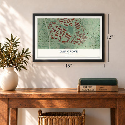 Oak Grove, Virginia map, 12 x 18 inch print in a black frame in an entryway