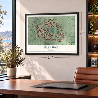 Oak Grove, Virginia map, 18 x 24 inch print in a black frame in a home office