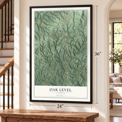 Oak Level, Virginia map, 24 x 36 inch print in a black frame by a staircase