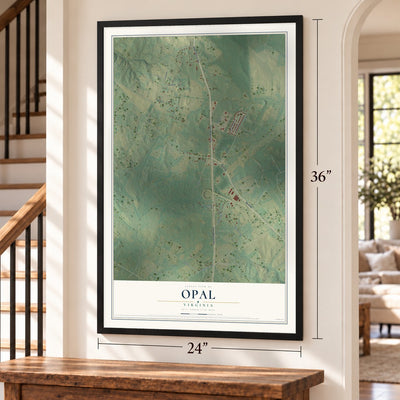 Opal, Virginia map, 24 x 36 inch print in a black frame by a staircase