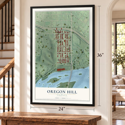 Oregon Hill, Virginia map, 24 x 36 inch print in a black frame by a staircase
