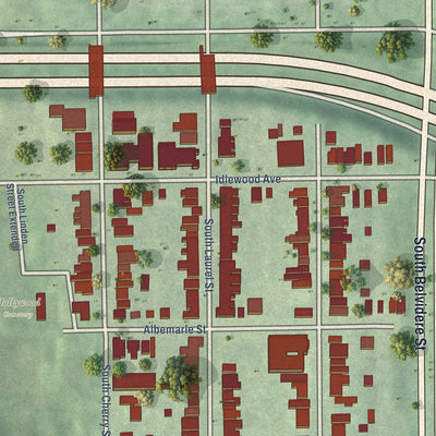 Close-up of the map of Oregon Hill, Virginia print showing street and building detail