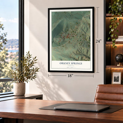Orkney Springs, Virginia map, 18 x 24 inch print in a black frame in a home office