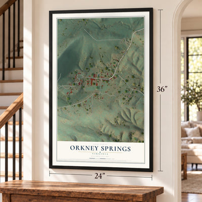 Orkney Springs, Virginia map, 24 x 36 inch print in a black frame by a staircase