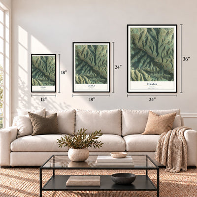 Osaka, Virginia map in 12 x 18, 18 x 24 and 24 x 36 inch sizes above a sofa